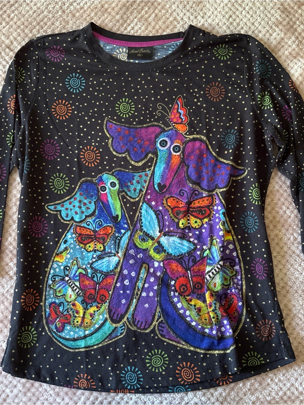 Laurel Burch Black Long Sleeve Funky Top with Multicolor Butterfly Dogs